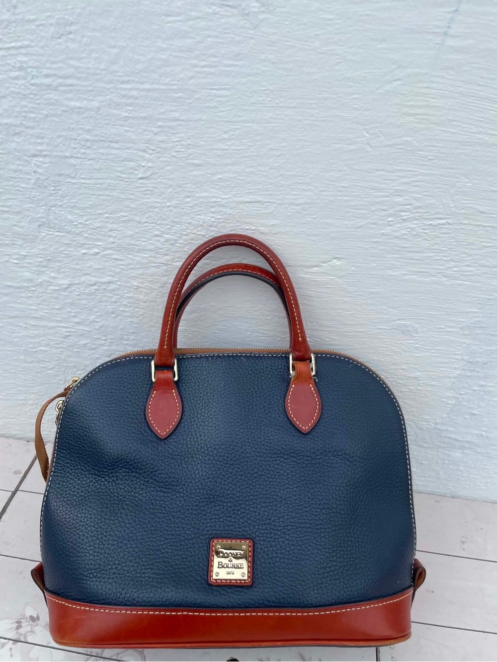 Dooney & Bourke Navy Pebble Leather Satchel with Brown Trim and Strap - Picture 3 of 14